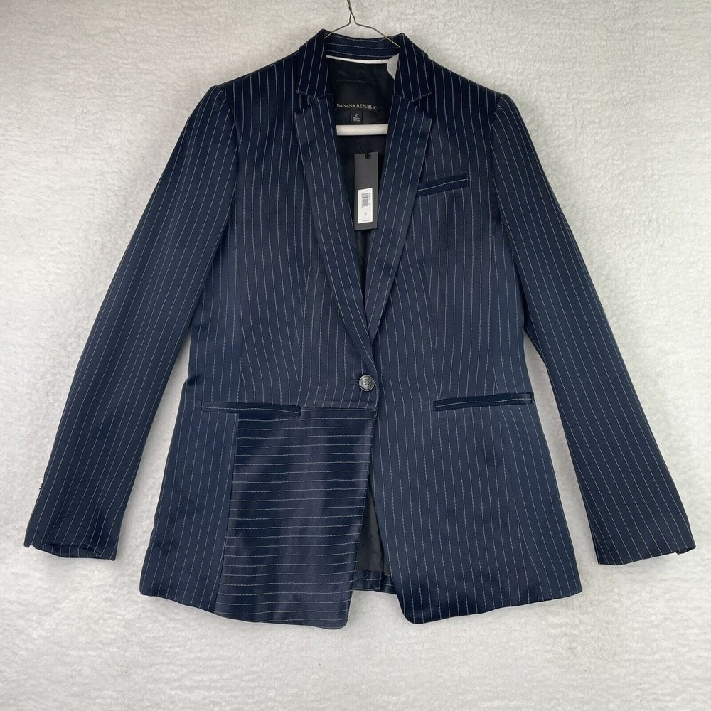 $178 NWT Banana Republic Pinstripe Satin Blazer Jacker in Navy Blue Size 2